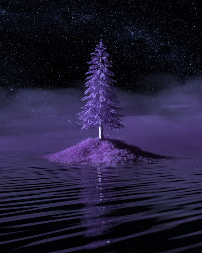 A surreal lone pine tree on a misty island with rippling water under a starry night sky.