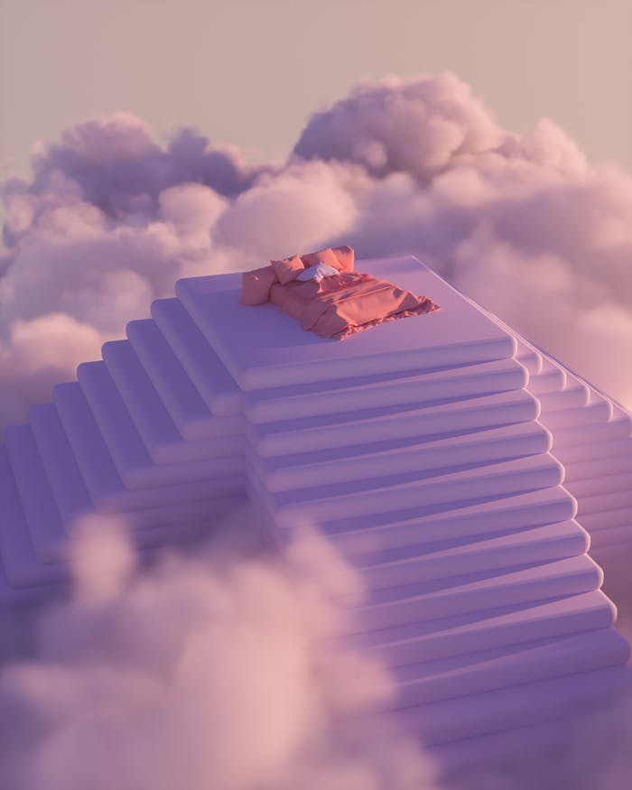 A dreamlike scene with a bed atop stairs surrounded by pink clouds, evokes serenity.