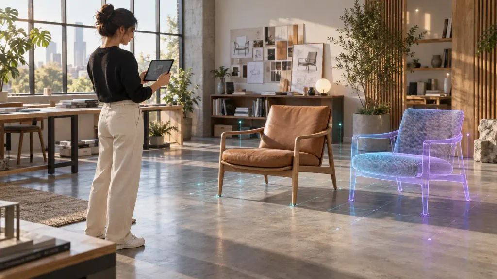 Product designer using a tablet to compare a real lounge chair with a transparent augmented-reality chair variation in a studio.
