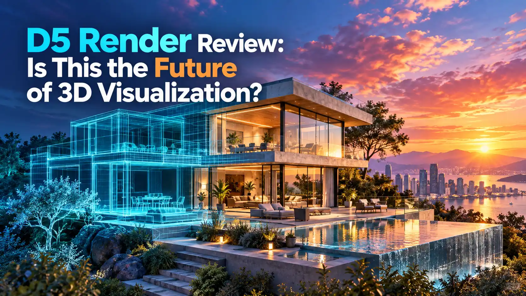 Modern luxury villa transitioning from a blue 3D wireframe into a photorealistic D5 Render architectural visualization.
