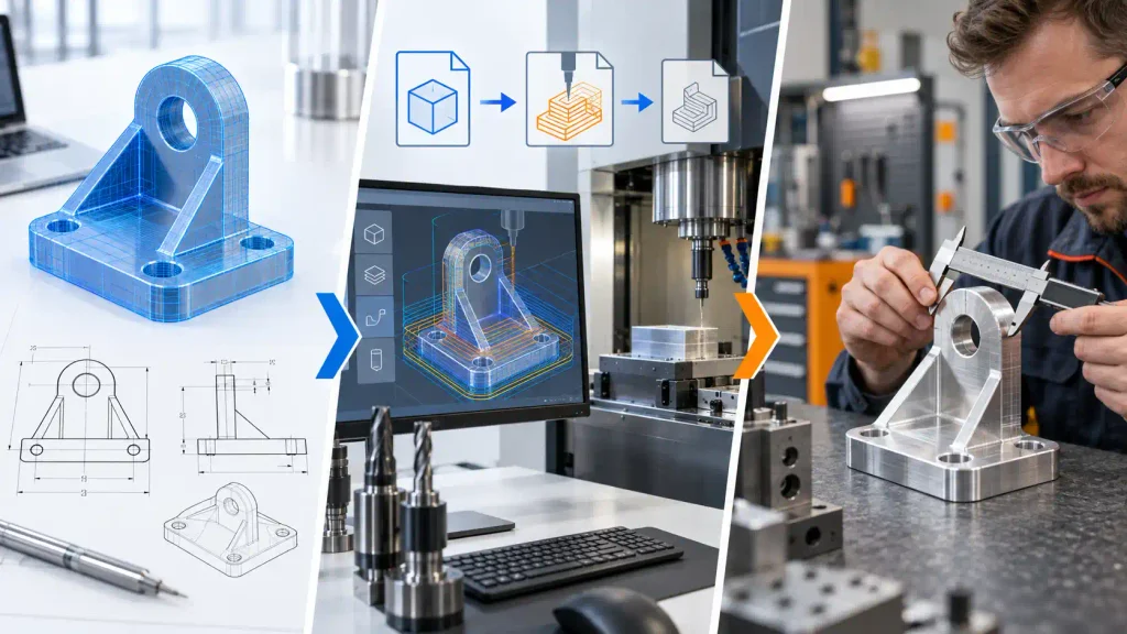 Digital-to-manufacturing workflow showing a CAD bracket, technical drawing, CNC preparation, and caliper inspection of a finished aluminum part.