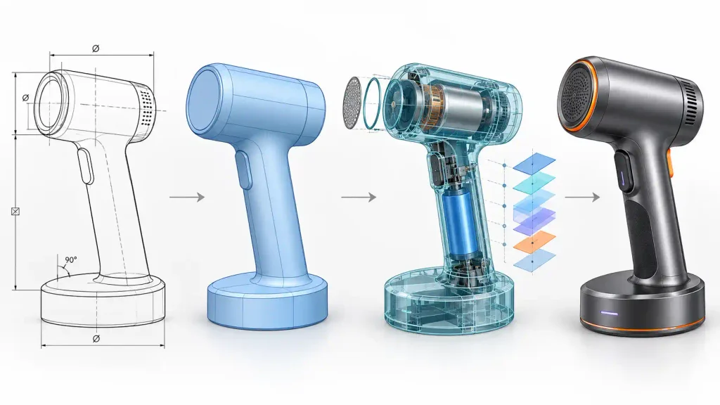 Four-stage hybrid CAD workflow showing a constrained sketch, extruded solid, transparent parametric assembly, and finished handheld industrial product.